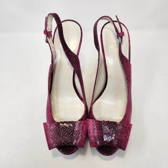 Stuart Weitzman Vevey Pink Leather Snake Print Stiletto Heels 10 M Slingback Bow - Picture 2 of 10
